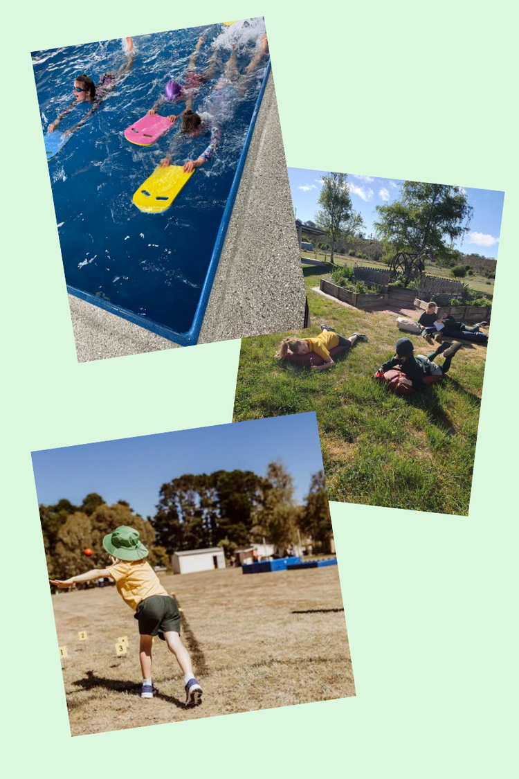 A collage of three photos showing students in swim lesson, students relaxing on cushions in the playground and a student throwing a shotput at an athletics carnival