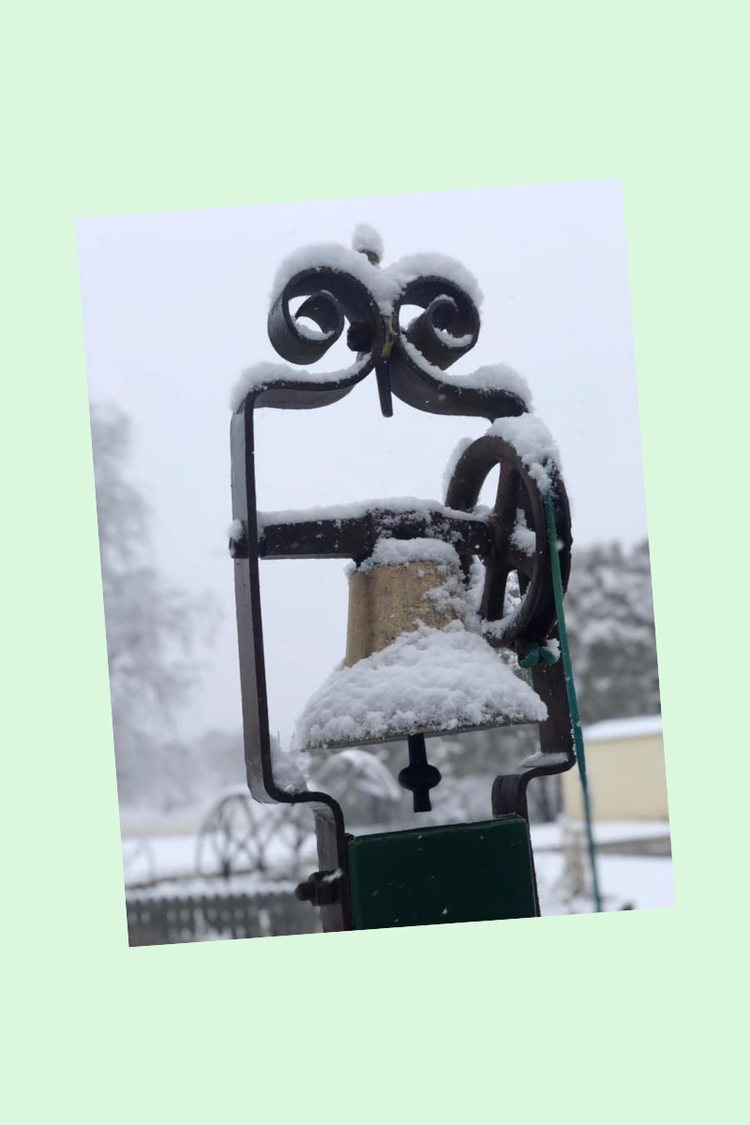 A photo of snow on our old-fashioned school bell
