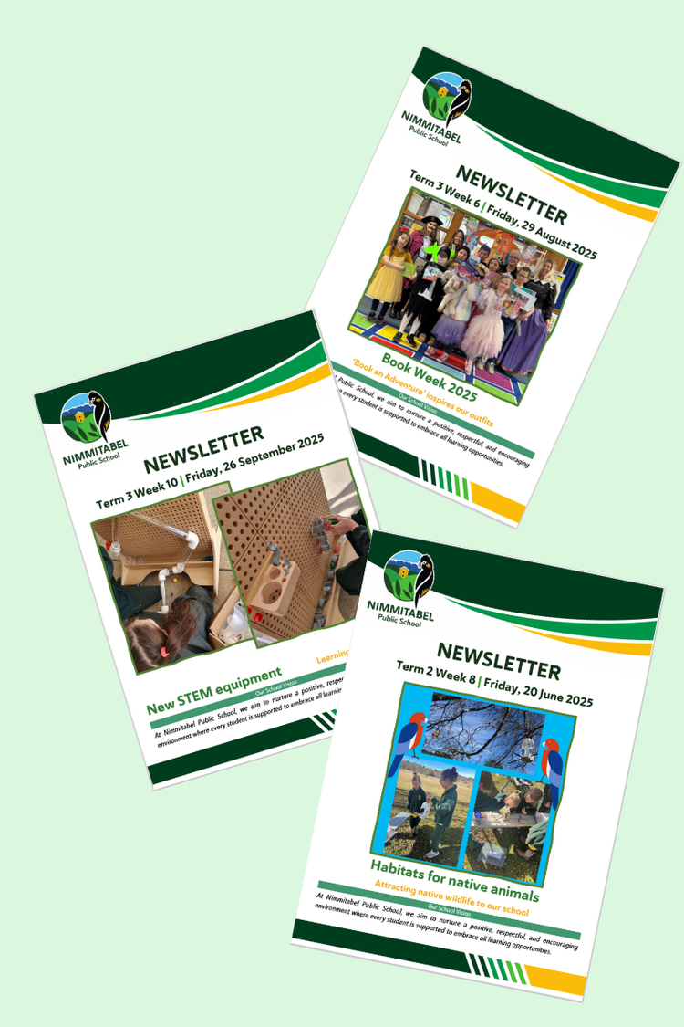 A collage of some newsletter front covers. There are some images of some of the students doing different activities on the front of the newsletters.