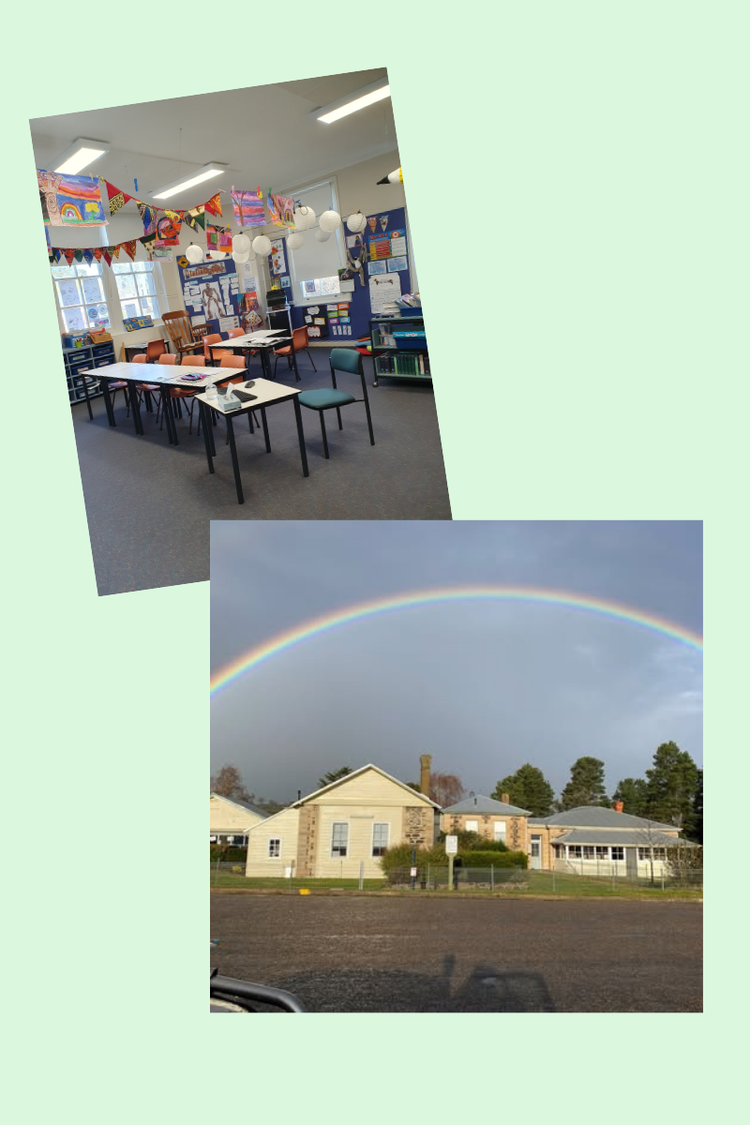 An image showing a classroom in one picture and the outside of the school with a rainbow over the top.